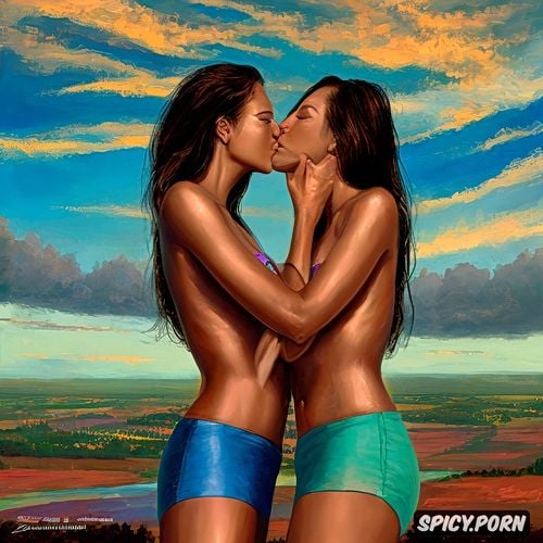 sidele, lesbian couple kissing, rainbow sky