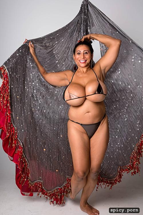 full body view, color portrait, giant hanging boobs, 67 yo beautiful arabian dancer