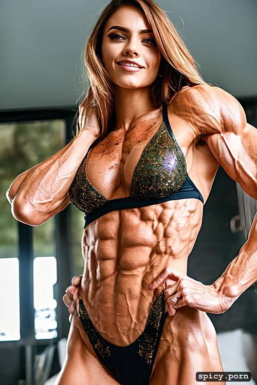 earrings, 18 years old, swedish teen female bodybuilder, extremely muscular