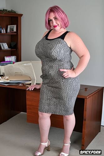 milf lady, pink hair, large sized boobs, short legs, short hair