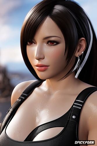 ultra realistic, k shot on canon dslr, ultra detailed, tifa lockhart final fantasy vii remake tight outfit park beautiful face full lips milf