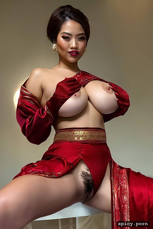 intricate silk thai traditional robe, areolas red tattoos, small boobs
