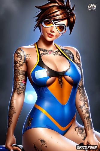 high resolution, tracer overwatch beautiful face young tight low cut black one piece swimsuit