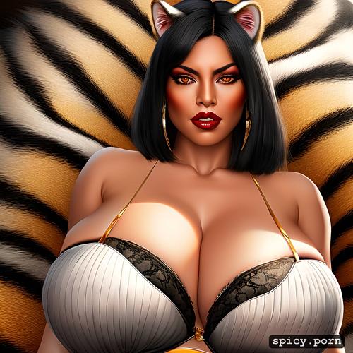 hourglass body, tiger woman, colossal breasts, mediterranean milf
