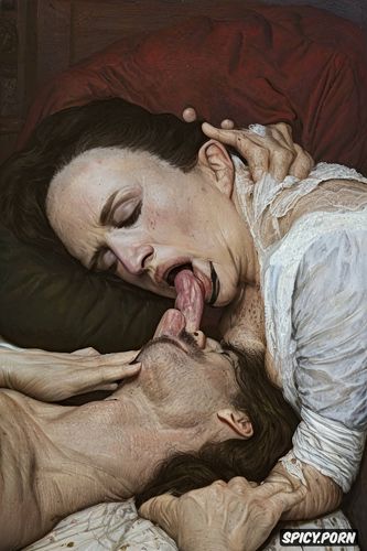 real natural colors, ultra detailed expressive faces, drunk husband gives blowjob to tired wife sleeping with mouth wide open