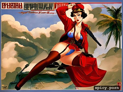 pinup propaganda poster art of a seductive soviet soldier, perky small boobs