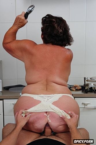 missionary position, pantie, pale wrinkled skin, in kitchen