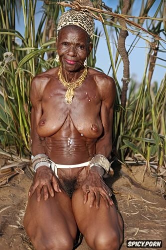 partially nude, sweaty, homeless granny, whore, 92 year old namibian ghanaians tribal granny