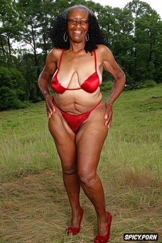granny, saggy, saggy belly, translucent red bra with nipples poking through