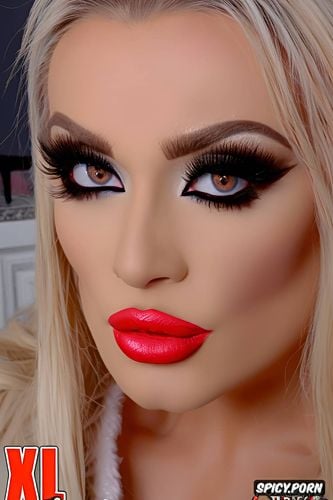 ukrainian babe, face closeup, extremely heavy makeup, bimbo botox lips