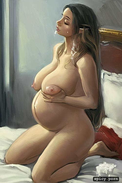 2 women, kneeling, tanned, pregnant, large breasts, covered in cum