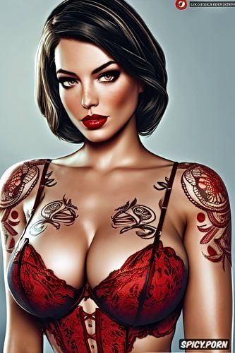 tattoos masterpiece, ultra detailed, elizabeth bioshock infinite beautiful face young sexy low cut red lace lingerie