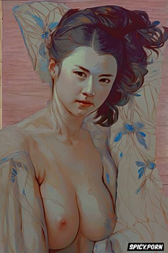 rembrandt painting, egon schiele painting, strong arms, japanese woman nude