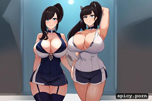 hestia is a buxom goddess with a short height, highres, she wears her hair in a ponytail