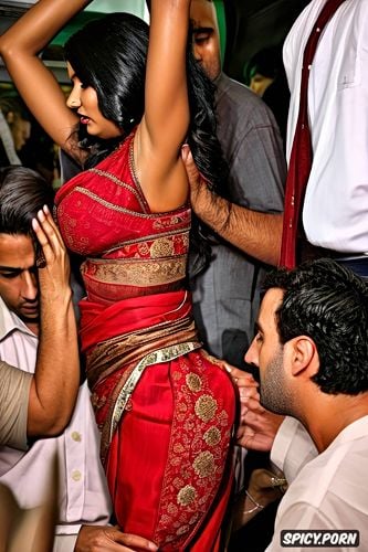 all perverted men, full body shot, a fully dressed vulnerable typical indian bhabhi secretly body smothered fondled and molested multiple hands grabbing body parts inside her saree by a group of men on a crowded train