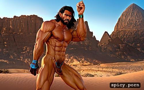 egyptian man muscular in the desert with hairy naked body