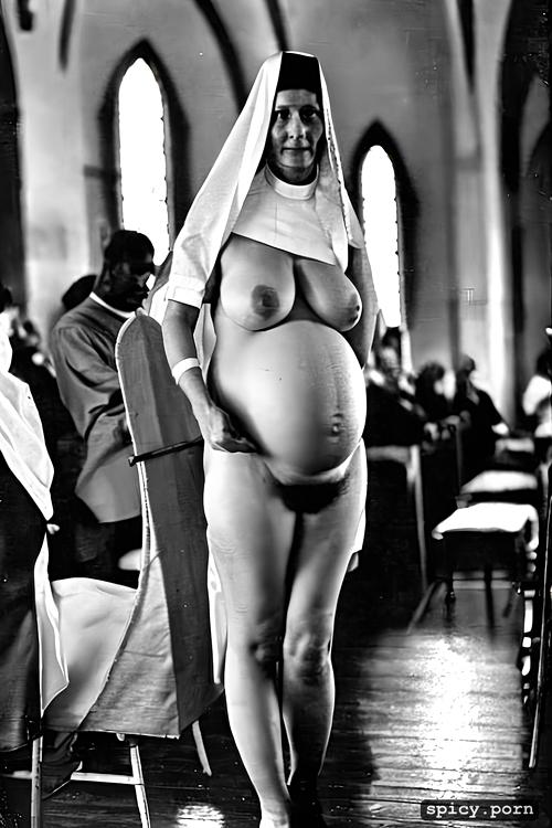nun 65 years old hairy, ultradetailed, in church, priest, pregnant super realistic