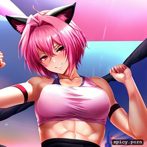 party, athletic body, pink hair, pretty face, cat ears, short hair
