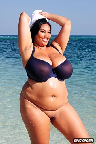 nude, long black hair, plus size fat, fat arms, huge tits, beach