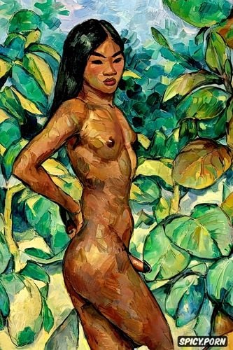 very shy, impressionism, intricate long hair, woman with penis