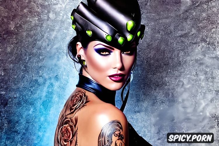 tattoos masterpiece, ultra detailed, widowmaker overwatch beautiful face milf sexy low cut leather mistress outfit