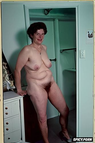 bobcat brunette, dimpled, very old irish spinster, background bedroom