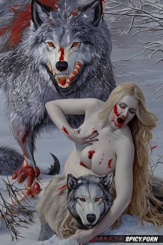 giant wolf attack, claws, bite, analog photography, paws, fat woman