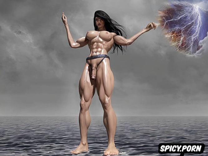 giant feet, lightenings, photo a super muscular transgender female look with huge dick