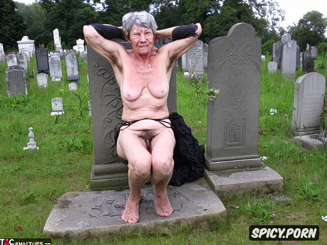 granny, cemetery, hairy pussy, hairy legs, spreading legs, sitting on gravestone