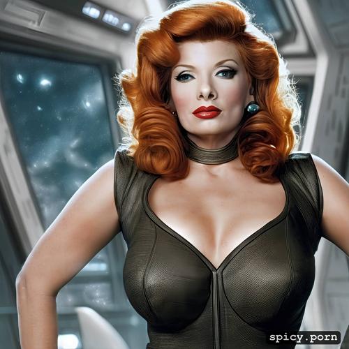 realistic, wearing sci fi uniform, 8k, lucille ball on the bridge of the starship enterprise