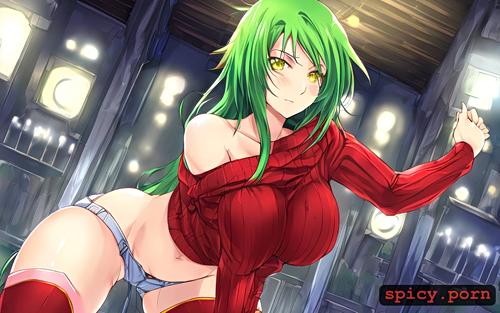 red sweater short light green hair, style anime, high resolution