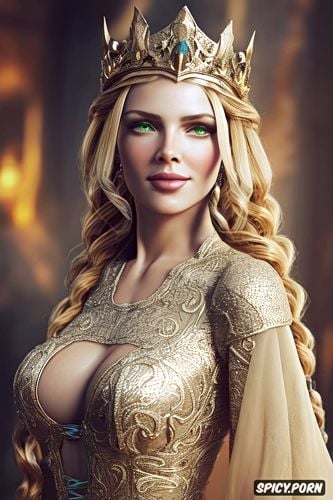 throne, long golden blonde hair in a braid, tiara, ultra detailed face shot