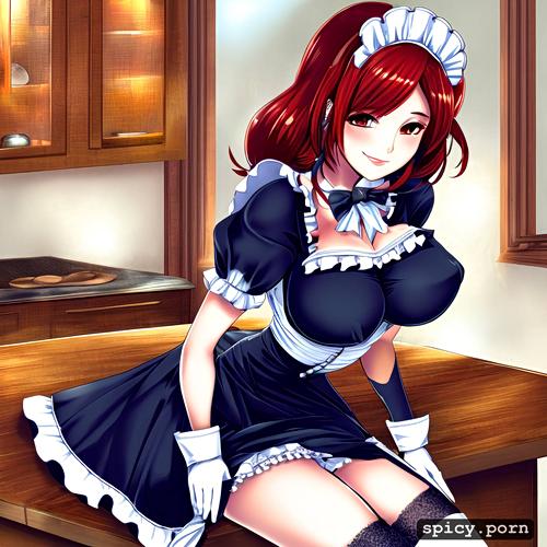maid outfit, redhead, french face, medium tits, smiling, showing tits