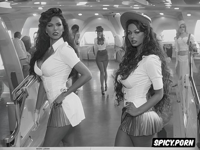 standing, mini skirt stewardesses greeting passengers at an airport