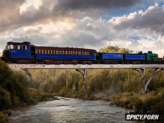 freight train with steam locomotive, awesome elevated crossing over wild river