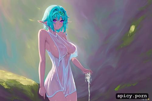 see through clothes, purple eyes, pastel colors, short shorts