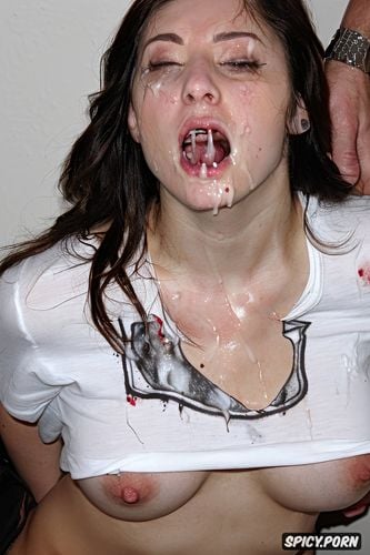 classroom, perfect cute face scared model face, t shirt pulled up revealing breasts