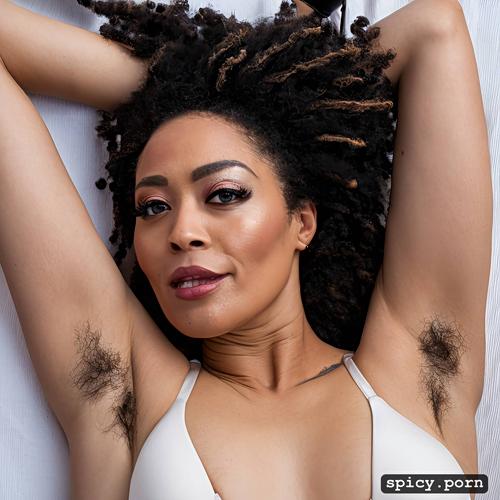 detailed hair, perfect face, showing her hairy armpits for all to see