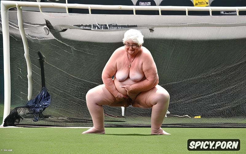 old granny, obese fat, oversized hanging enormous belly, spectators looking