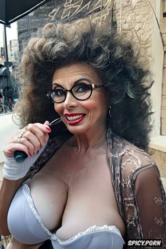 giggling, slut makeup, make faces, giant saggy veiny tits, big hexagonal glasses