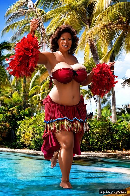 color photo, giant hanging boobs, performing on stage, intricate beautiful hula dancing costume