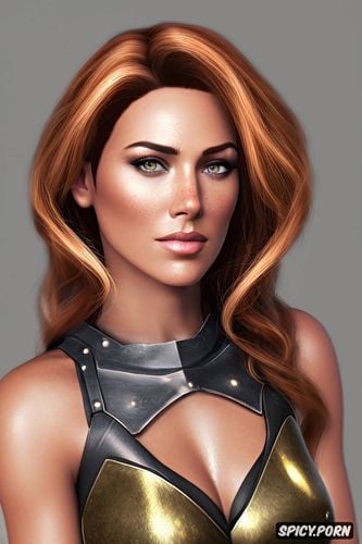 shoulder length copper hair, confident smirk, ultra realistic