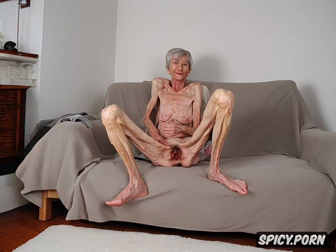 pale, grey hair, point of view, very thin, couch, scrawny, spreading legs