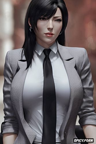 ultra detailed portrait, ultra realistic, tifa lockhart final fantasy vii remake female president of the united states black blazer white shirt shirt unbuttoned beautiful face full lips milf