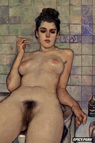 tiled walls, textured impasto oil paint, fat thighs, tiny teenage breasts