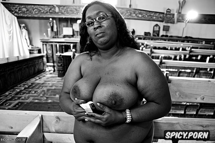 chains, cathedral, glasses, pierced nipples, ssbbw, holding a black book