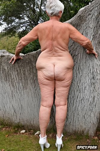 perfect anatomy, rear view, narrow waist, wide hips, granny