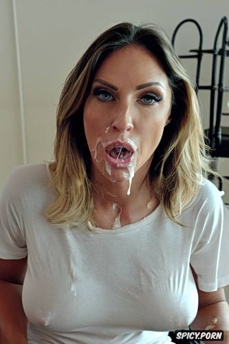 white milf, full view, cum leaking out of mouth ordners, cum spit face