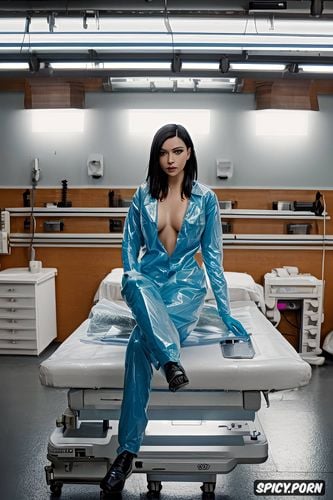 on a gurney, alita, medical equipment, surgical incision, perfect boobs