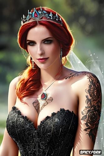 high resolution, ultra detailed, triss merigold the witcher beautiful face young tight low cut black lace wedding gown tiara